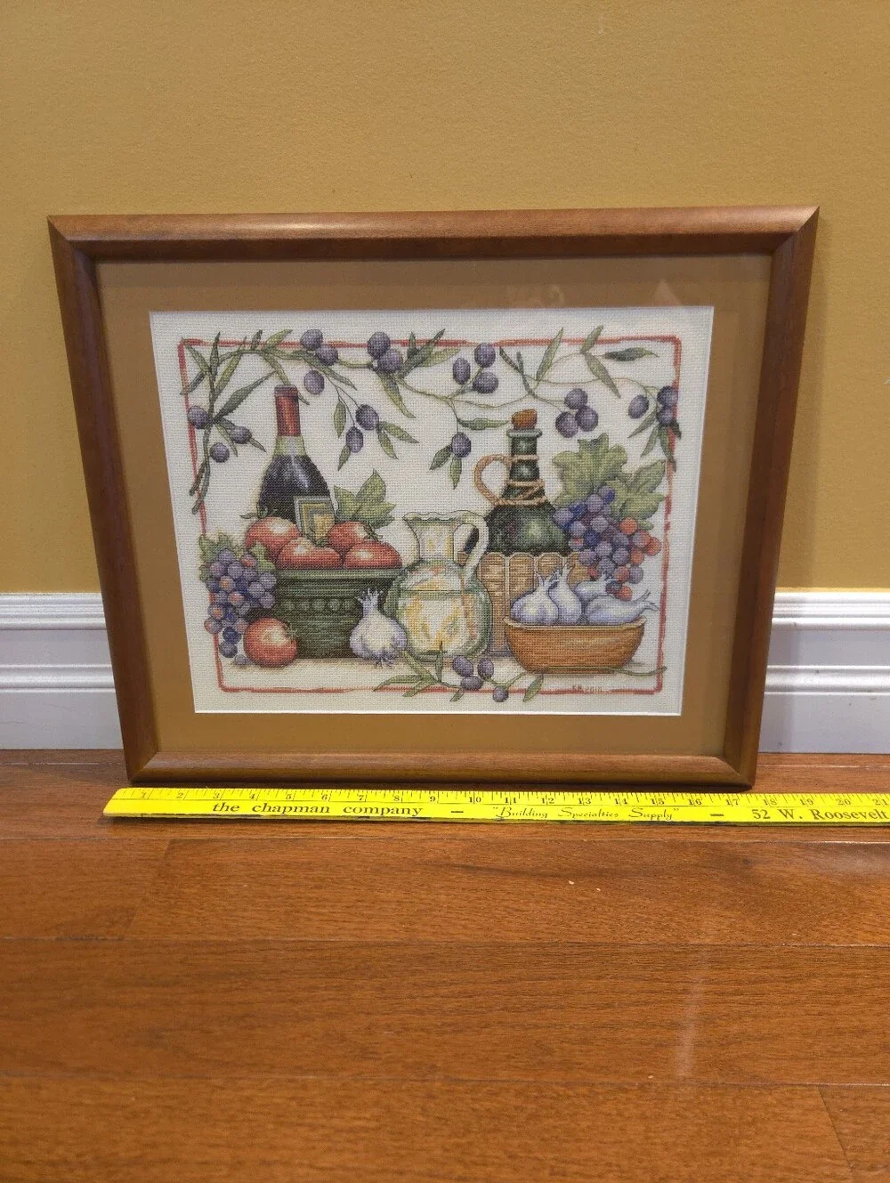 Finished Framed Cross Stitch Tuscan Flavors Wine Art- Dimensions Cross Stitch
